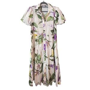 Zara Button Front Floral Balloon Sleeve Dress Tiered L Purple Green White Boho